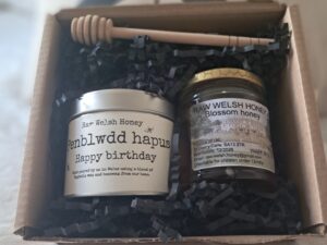 Happy Birthday gift box.
Scented candle, and 227 jar of Raw Welsh Honey.